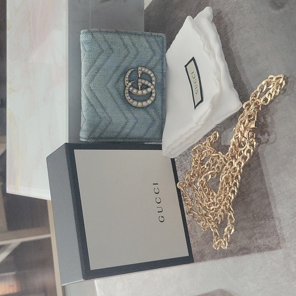 FULL INCLUSION! RARE Gucci Pearly GG Marmont Matelasse Denim Wallet with Chain. - Picture 1 of 16